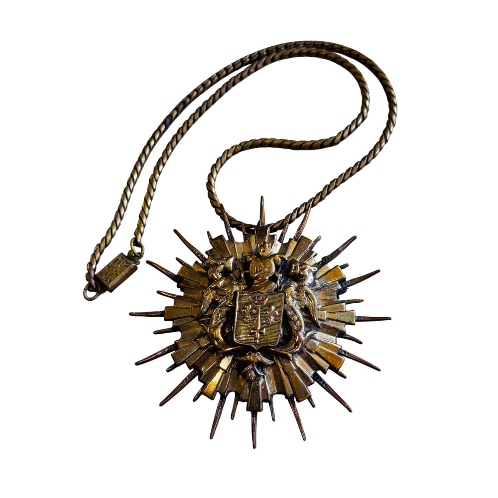 VTG Heraldic Shield Crest Sunburst Necklace VTG Statement Bronze Code Of Arms